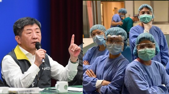台灣饒舌歌手大支5日晚間在臉書上傳一首改編歌曲「台灣隊長」，向所有防疫英雄致敬。左：衛生福利部長陳時中。右：網友貼出醫護人員合照感謝大支製作新歌。