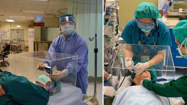 门诺医院麻醉科医师赖贤勇设计的透明压克力板“防疫箱”，能够直接罩在患者头部执行治疗程序，借此降低遭患者飞沫喷溅风险。