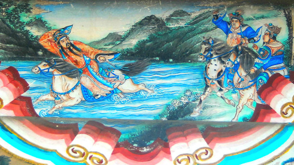 颐和园长廊彩绘：刘备马跃檀溪。画中刘备所乘之马即为“的卢”。