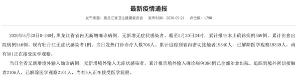 黑龍江衛健委5月21日的通報顯示，該省累計確診病例僅有559例。