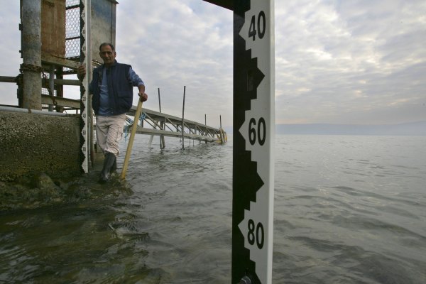 2007年1月9日，以色列水務當局的工作人員在測量加利利海的水位。