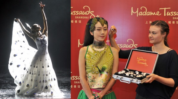 右图为杨丽萍为上海杜莎夫人蜡像馆蜡博物馆得到测量在2014年8月26日的一次新闻招待会期间在中国云南昆明。