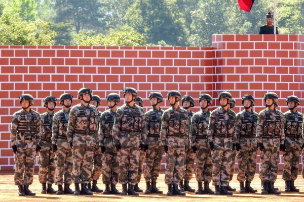 2019年12月7日，中国士兵在印度东北部梅加拉亚邦的Umroi军营参加与印度军队的双边军事演习。