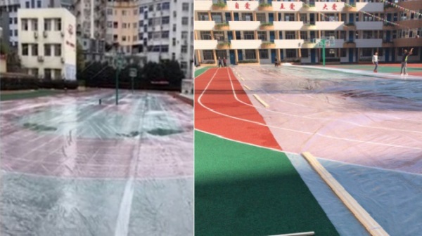 浙江台州市的三門縣實驗小學的新建跑道被質疑有問題，圖為尚未剷除前的新跑道。