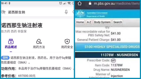 治療SMA的「諾西那生鈉」在中國售價約70萬，而澳洲患者花費41澳元就可獲得治療。