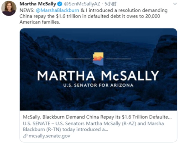美國亞利桑那州參議員瑪莎-麥克薩利的推特截圖