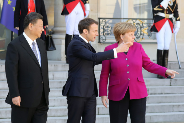 2019年3月26日，法國總統馬克龍、德國總理默克爾和習近平在法國巴黎進行了會談。（圖片來源：LUDOVIC MARIN/AFP via Getty Images）