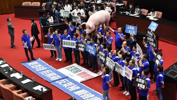 蘇貞昌18日赴立院報告，國民黨立委扛道具豬抗議。