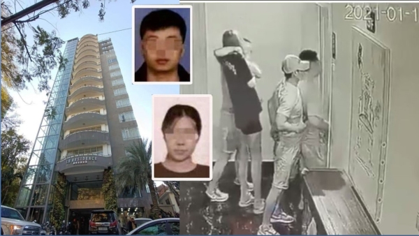 一对来自中国的情侣被发现在柬埔寨首都金边一公寓内惨遭杀害，小图为被害情侣，大图为案发公寓及死者被挟持的画面（图片来源：微博）