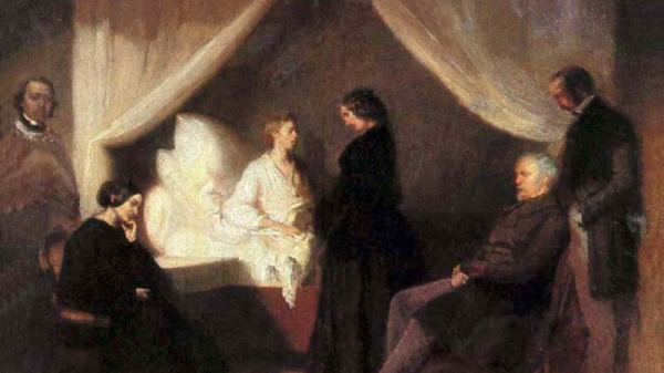 《临终的萧邦》，泰奥菲尔．奇亚科夫斯基绘于1849年，委讬人是简．斯特灵。（图片来源：维基百科）