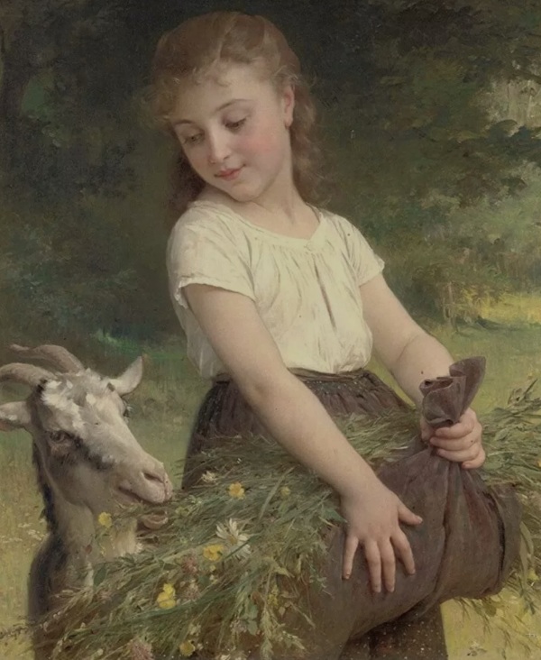 女孩 鲜花和羊
