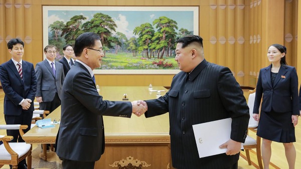 2018年3月5日，鄭義溶與朝鮮領導人金正恩在平壤會面