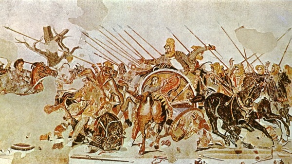 表现伊苏斯战役的亚历山大马赛克全图，亚历山大为图左人物。