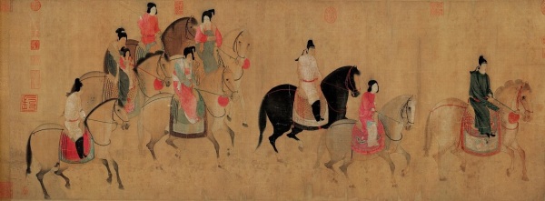 张萱作品《虢国夫人游春图》，宋摹本，画中右一身着男装，座骑三鬃马鸳鸯鞍者为虢国夫人。