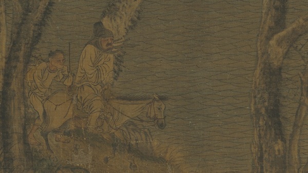 赵干《江行初雪》，此画描绘了天寒初雪的渔家生活与过路的旅客。