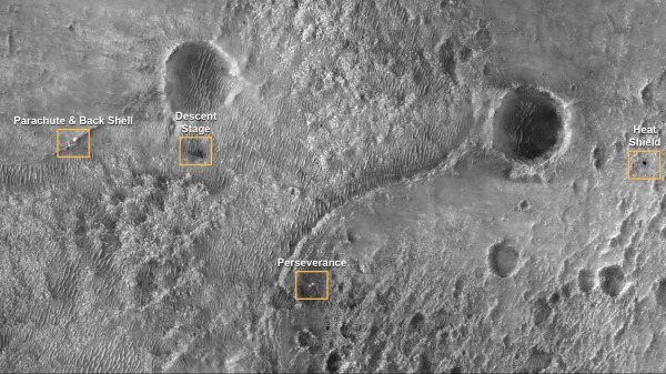 2021年2月22日，NASA發布的毅力號登陸火星後發回的火星表面圖。（NASA）