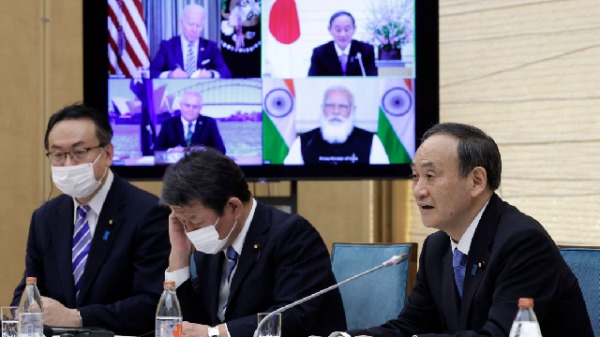 2021年3月12日，日本首相菅義偉參加美印日澳四方會談視訊會議