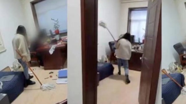 中共扶贫办官员疑骚扰女下属， 遭其用拖把殴打。