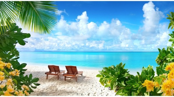 蓝色海洋沙滩上的躺椅。