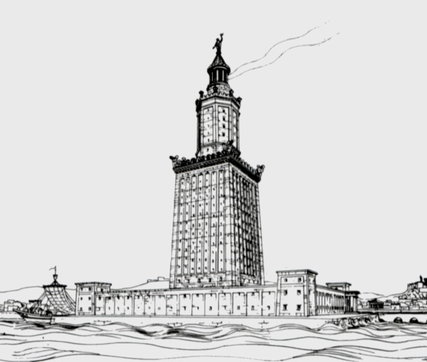 考古學家赫爾曼·蒂爾施（Hermann Thiersch）於1909年繪製的燈塔復原圖。