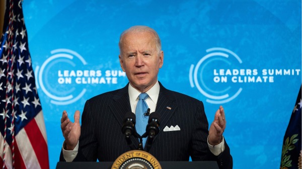 2021年4月23日， 美国总统拜登在白宫出席虚拟全球气候峰会（图片来源：JIM WATSON/AFP via Getty Images）