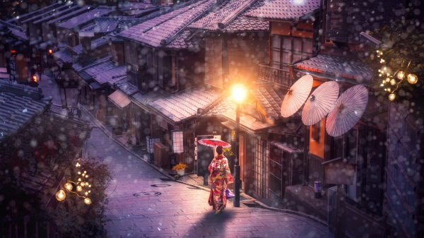 冬天夜晚，拿着纸伞走在传统街道的和服女人。