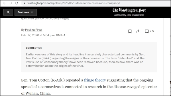 《華盛頓郵報》可能於2021年6月1日加上的更正聲明，表明武漢病毒實驗室洩露說不再是“陰謀論”。