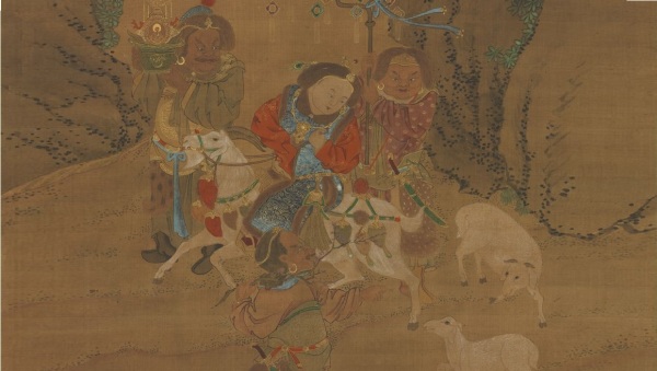 元人画《冬景戏婴图》，四名孩童相聚玩耍，一人骑羊，三人扮胡人相貌。