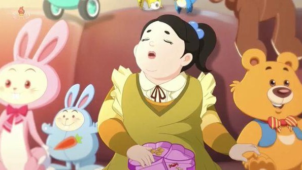 上周，朝鲜中央电视台播放动画片《认真遵守交通秩序——桥上》之中，有一个胖女孩吃着零食与苹果睡着的画面。
