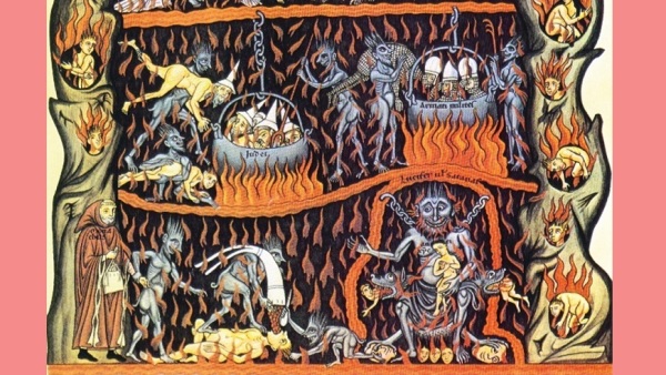 十二世紀的基督教百科全書《樂園》（Hortus deliciarum）中的插圖（局部圖），描繪了地獄的熊熊烈火，約作於1180年。