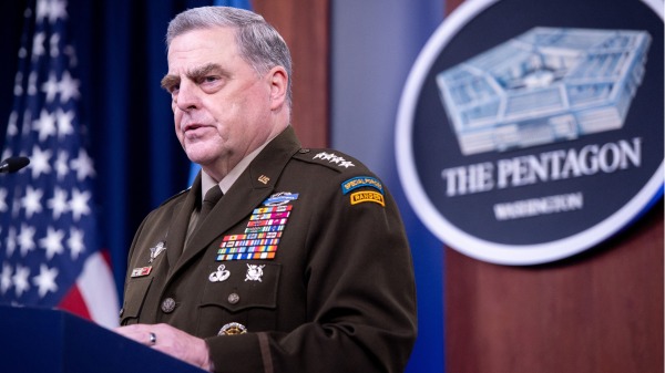 2021年9月1日，美国参谋长联席会议主席米利在五角大楼举行有关阿富汗撤军的新闻会。